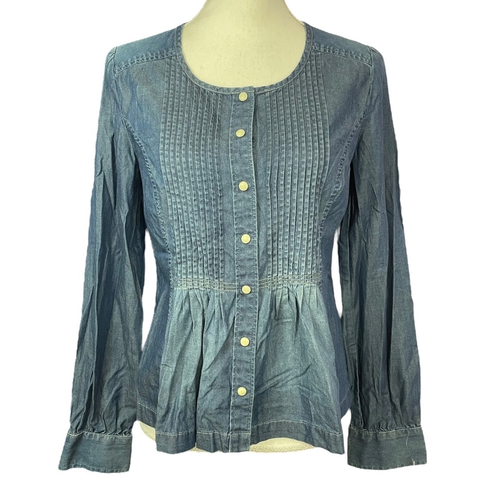 Lucky Brand Victorian Chambray Blouse S cotton blue pearl snap pintucked peplum